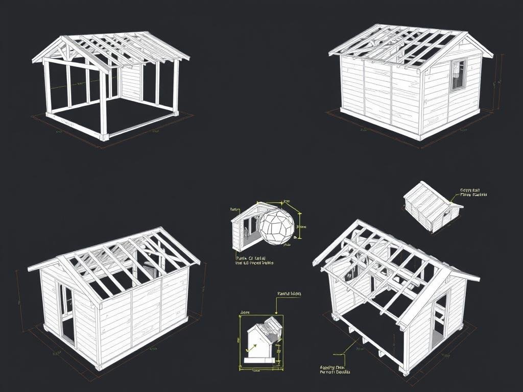 3D drawings showing shed construction from multiple perspectives