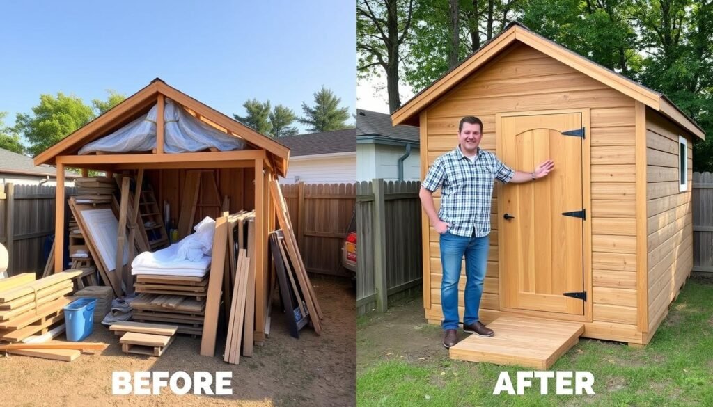 Before and after comparison of shed building with Ryan's Plans